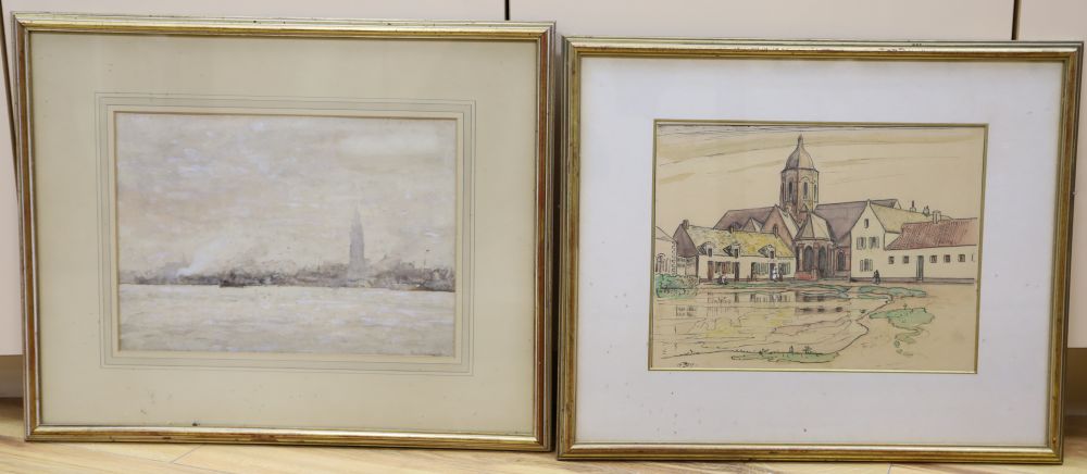 Thomas Austen Brown (1859-1924), ink and watercolour, The Church Etaples, signed and dated 1917, 24 x 32cm and a watercolour of a Dutch